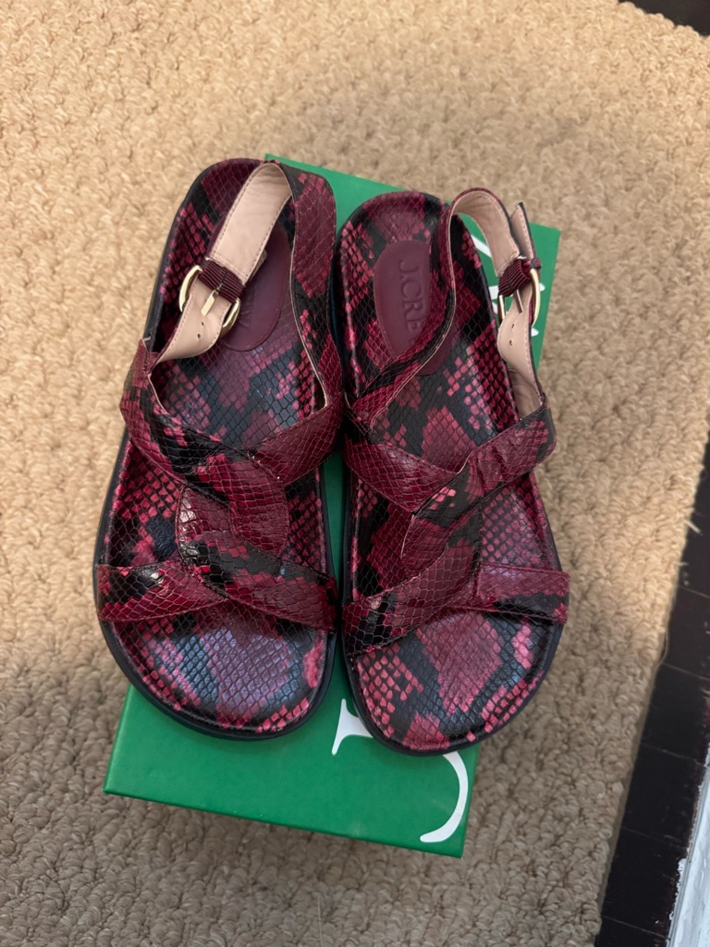 J. Crew Burgundy Snake-Print Crisscross Slingback Sandals